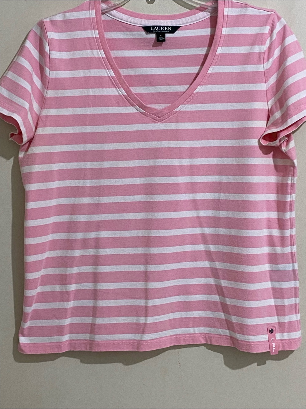 Lauren Ralph Lauren Pink & White Striped V-Neck Tee